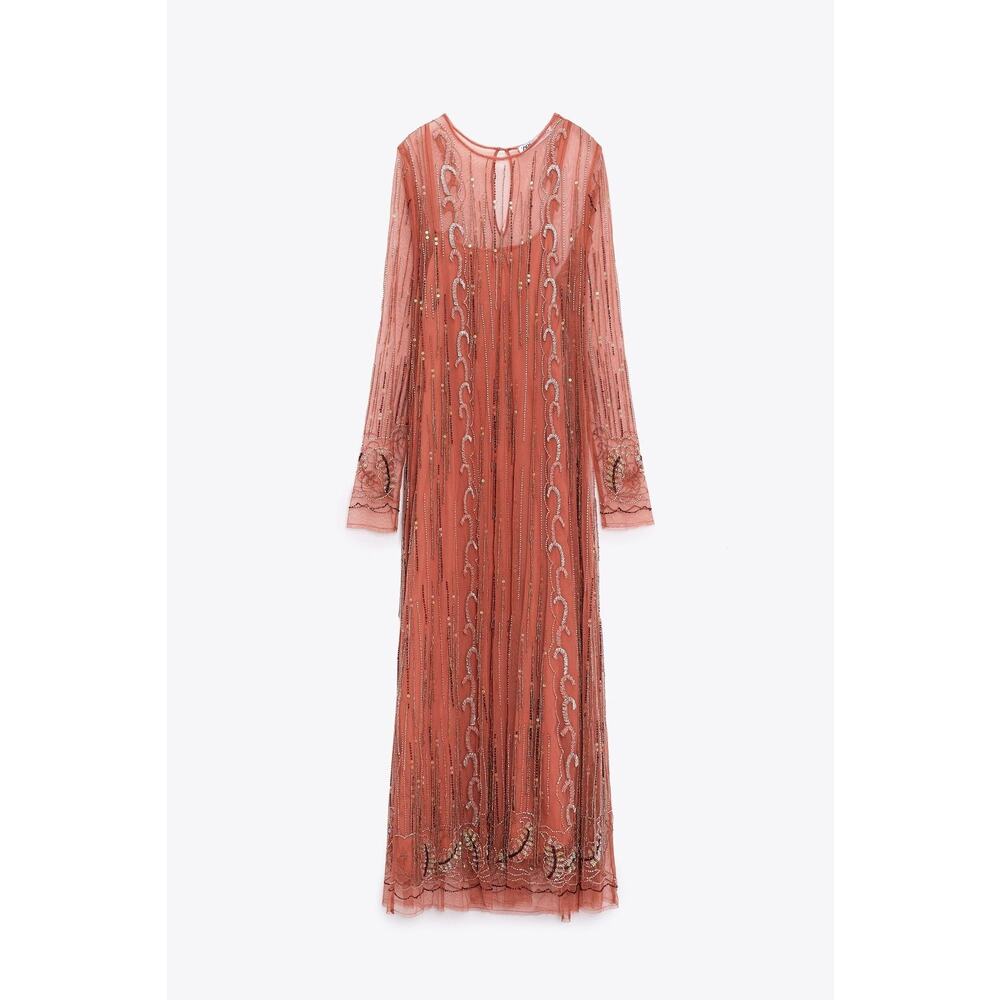 Zara Embellished Sheer Midi Dress in Dusty Rose